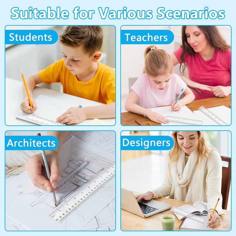 MOXYOY Plastic Ruler Set,30cm/12in Clear Ruler Kit Transparent Straight Measuring