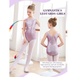 Monbessi Girls' Long-Sleeved Glittery Children's Leotard Round Neck Dancewear 5-12 Years, Purple-sleeveless, 140