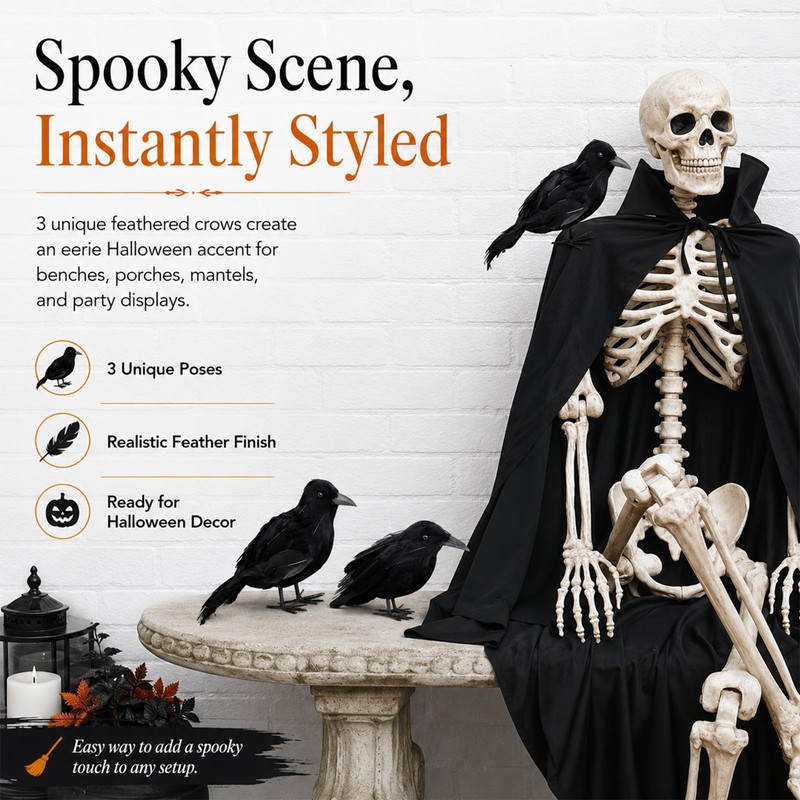 KTJEGE 3 Pack Artificial Feathered Halloween Crows,Black Realistic Raven