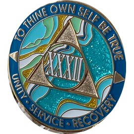32 Year AA Medallion Elegant Marble Caribbean Aqua Glitter Gold Sobriety Chip