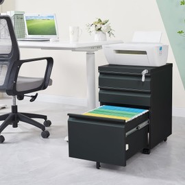 STRPRETTY BASIC 3 Drawer File Cabinet - Metal File Mobile Filing Cabinet with Lock for Legal/Letter/A4 Size for Home Office Fully Assembled Except Wheels (Black)