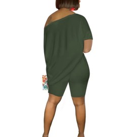 WOKANSE Conjunto de chándal de manga 3/4 para mujer, con un hombro descubierto, parte superior asimétrica, pantalón largo ajustado de 2 piezas, Verde del Z-ejército, XXL