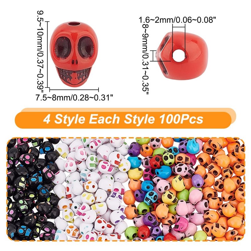 Arricraft 400pcs Halloween Acrylic Skull Beads, 4 Styles Mixed Color,