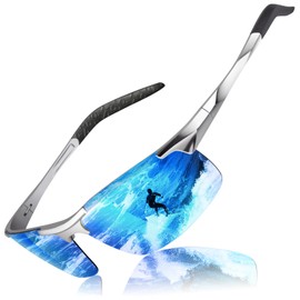 LINVO Polarised Sunglasses Men's Mirrored Sports Glasses Ultralight Al-Mg UV400 Protection Men Driving Glasses Cat 3 CE, Silver/Ice Blue Mirrored