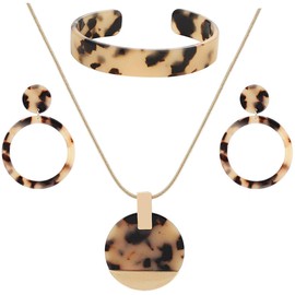 ARATLENCH Leopard Earrings Necklace Bracelet for Women Acrylic Circle Hoop Dangle Earring Long Disc Pendant Necklace Open Cuff Bangle Resin Cheetah Jewelry Set for Ladies