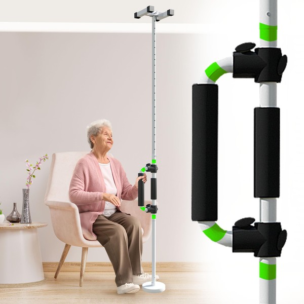 JJ CARE Transfer Pole - Floor to Ceiling Grab Bar with Adjustable Handle Height, 7 to 10 ft Grab Bar Pole for Elderly, Stability Rail with 4 Reflective Stickers on Handle, Supports Up to 220 lbs