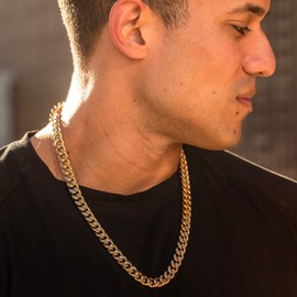 LIFETIME JEWELRY 11mm Designer Diamond Cut Miami Curb Cuban Link Chain Necklace 24k Gold Plated