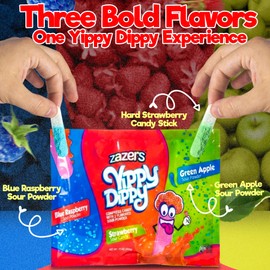 Candy Powder Yippy Dippy - Hard Strawberry Candy Stick With Blue Raspberry and Green Apple Sour Novelty Bulk Pack of 24