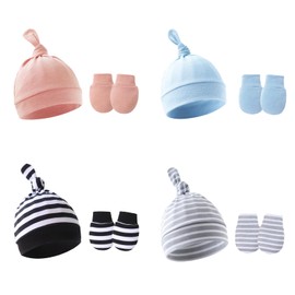 Gkaikpe Thin Cotton Baby Hats with Baby Mittens, Knotted Beanie Newborn Hat, Baby Winter Hat for 0-12 Months Boys Girls (CA/US, Alpha, One Size, 2Stripe2SolidColor)