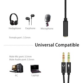 Headphone Mic Splitter Cable, 2 in 1 Microphone/Headphone Splitter, 3.5mm Jack Audio Mic Adapter, 3.5mm Aux Female to Dual 3.5mm Male PC Headset Microphone Cable Gaming Headset, Earphone, Desktop