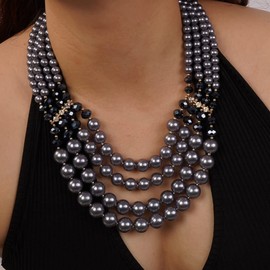 Aimimier 1920s Flapper Faux Pearl Strand Necklace and Earrings Set Boho Vintage Layered Long Chunky Crystal Stacked Choker for Women, 19in, Alloy,Pearl,Crystal