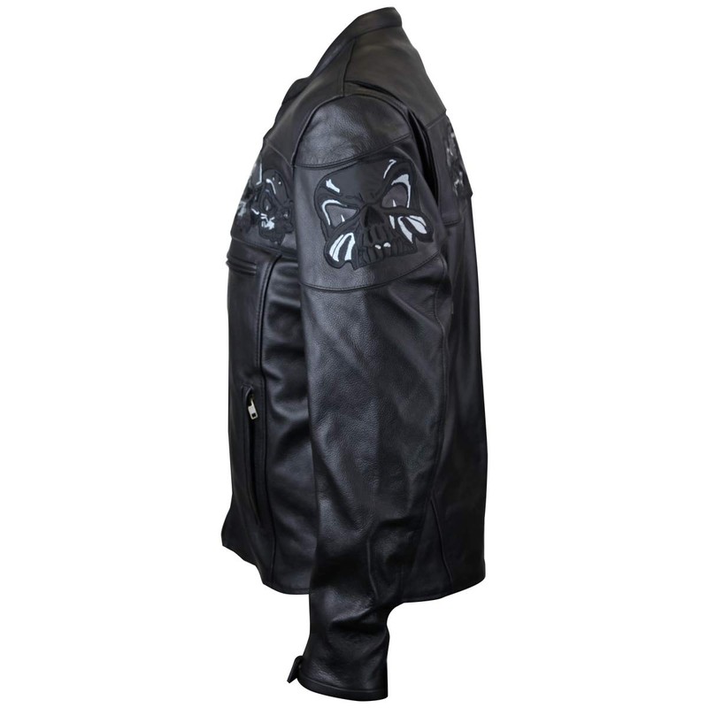 Premium Cowhide Leather Motorcycle Jacket With Reflective Skull (M)
