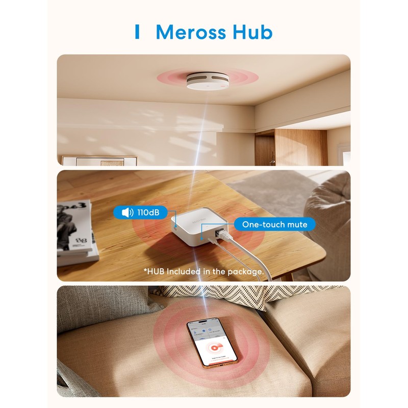 Meross MA151 Smart Smoke Alarm for Home with MSH450 Hub,