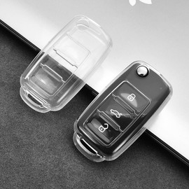 Holy Feather Fit for VW Key Fob Cover Soft TPU Key Case Key Shell Silicone Key Fob Cover Fit for VW Volkswagen Jetta Passat Golf GTI Tiguan Touareg Beetle CC Eos Key Fob Flip 3 Buttons(Clear)