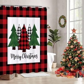 REZAYMRS Merry Christmas Red Stripe Tree Shower Curtain 12 Hooks, 72''x72'' Waterproof Polyester Fabric Machine Washable, Quick Dry, Weighted Hem Shower Curtains for Bathroom Christmas Party Decor