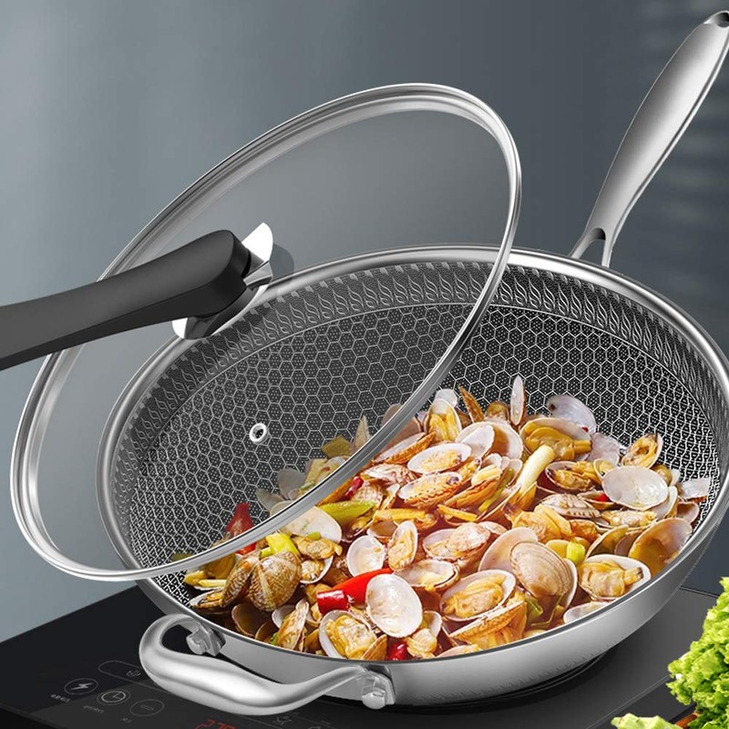 DYRABREST 13.5" Stainless Steel Honeycomb Wok - Kitchenware Wok with