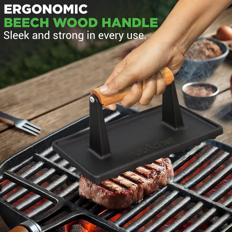 Nutrichef Cast Iron Grill Press - Heavy-Duty Griddle Press with