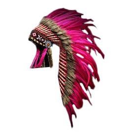 Native American Inspired Headdress - Handcrafted with Genuine Feathers and Beads (Pink)