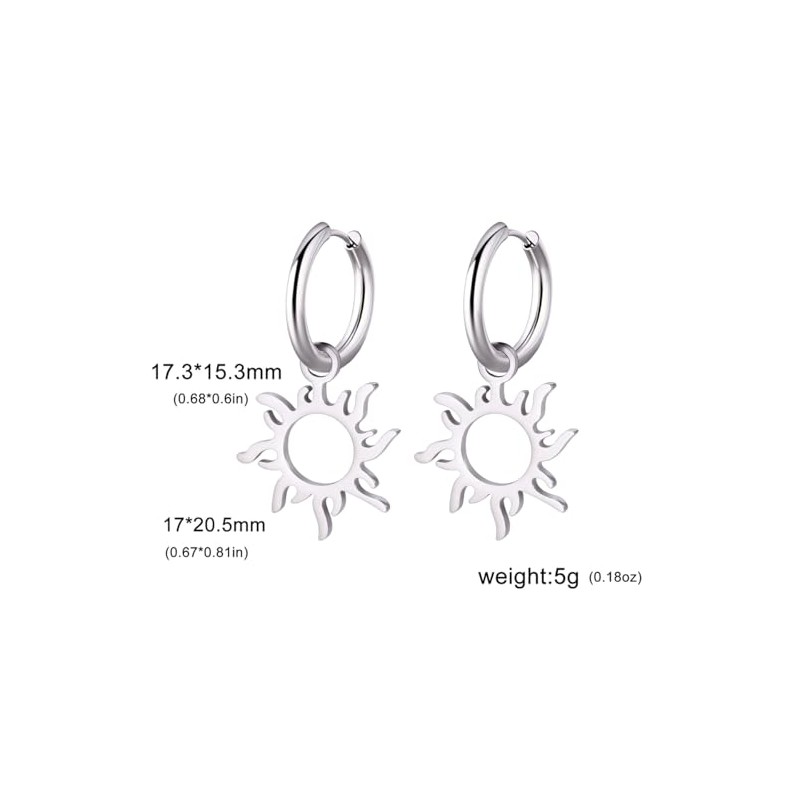Sun Pendant Hoop Earrings for Women Stainless Steel Sun Dangle