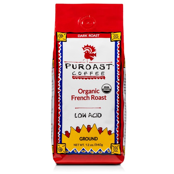 Puroast Low Acid Ground Coffee, Organic French Roast, High Antioxidant, 12 Ounce Bag