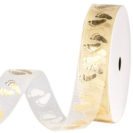 Holijolly Gold Sheer Gift Ribbon - Snow Yarn Ribbon with Footprint Design for Baby Shower, Boy, Girl Birthday - 3/4 inch x 10 Yard