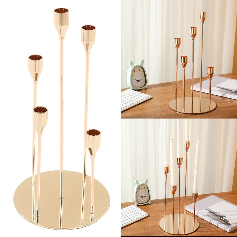 Gold Taper Candle Holders Different Heights 5 Arms Candlestick Holders