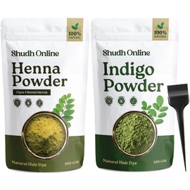 Shudh Online Polvo De Índigo Orgánico Y Polvo De Henna Negra Para El Cabello (7 Oz - 3,5 Oz Cada Uno) - Henna Índigo Natural Para Teñir El Cabello - Color De Cabello Negro (200 G)