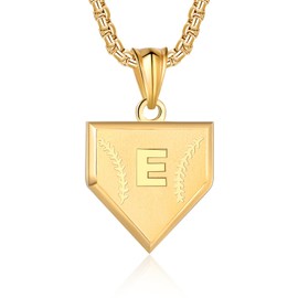 Initial A-Z Necklace for Boys Stainless Steel Letter Shield Pendant Box Chain 22+2 inch Inspirational Baseball Home Plate Necklace Baseball Jewelry Gift for Men(G-E) Over 18 years old