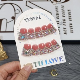 TENPAL 10Pcs Handmade Coffin Nails Kits,DuckBill Press On Nails With Tools,Icy Pink French Tip Fake Nails with Full Crystals Designs,Glitter Edgy Sweet Cool Acrylic Glue on Nails Short for Party(L)