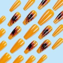 Sunflower Press on Nails Medium Coffin Fake Nails Yellow False Nails with Designs Shiny Glitter Glue on Nalis Glossy Full Cover Summer Acrylic Nails Cute Stick on Nails for Women Manicure 24 Pcs