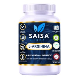 L-Arginina Pura | 100 Capsulas 500 mg | Suplemento Alimenticio | Energia Muscular, Porductor de Oxido Nitrico | Sin Sabor Saisa Herbal