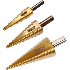 Sthor 3 Piece HSS Step Drill Titanium Drill Bit Set for Metal Wood Plastic Choice of Sizes 4-12/4-20/4-32/4-39 mm - or in a Set, Self-Centring Taper Drill (4-12 mm/4-20 mm/4-32 mm)