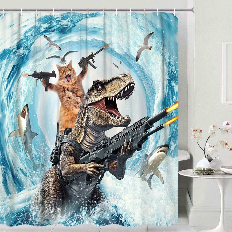Grtuspr Funny Cat Shower Curtain Set, Cute Cat Riding Dinosaur