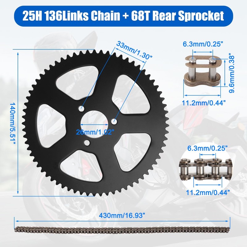 CMIYETO 25H Chain 136Links + 4Links + 68T Rear Sprocket
