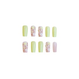 SINHOT Square Press on Nails Long - 3D Daisy Flower Fake Nails Glossy Glue on Nails Gold Pearls Acrylic Nails Yellow Squoval Artificial Nails Stick on False Nails with Design 24pcs