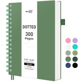 RETTACY Bullet Dotted Journal, A5 Spiral Dotted Notebook with 300 Pages, 5.7" × 8.2", Medium Size, 100 GSM Thick Paper, Flexible Plastic Cover, Bullet Journaling, Planning, Tracking (Dark Green)