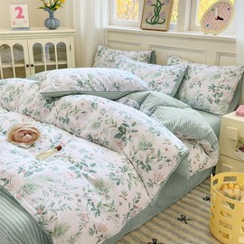 Sedefen Green Botanical Duvet Cover Queen Size Striped Pale Pink White Floral Bedding Set Kids Boys Girls Cotton Romantic Flower Spring Aesthetic Garden Soft Breathable Comforter Cover 3Pcs