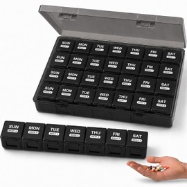 Large Monthly Pill Box Organiser 4 Week & Pill Boxes 1 Times a Day – 28 Day Vitamin Container with Detachable Trays – for Family, Holds Plenty – Choose Black or Colourful (Black)