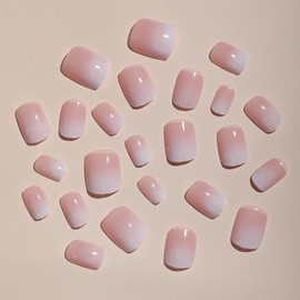 24PCS Press On Nails - Nude Pink Short Length Fake Nails - Short Square Press on Nails Gradient Pink - Acrylic Full Cover Stick on Nails with Glue Fake Nails Women Girls Nail Art