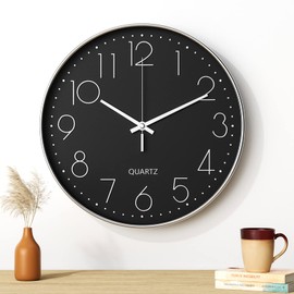 Mesybveo Wall Clock 30cm (12 Inch) Modern Wall Clock Silent Quartz Movement Minimalist Design Modern Black for Living Room Kitchen Office Bedroom (Silver Character)