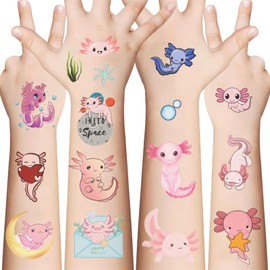 Pink Axolotl Temporary Tattoos-10 Sheets 70+ Axolotls Birthday Party Decorations Supplies Reptile Animals Salamander Tattoo Stickers for Girls Kids School Rewards Gifts Goodie Bag Fillers