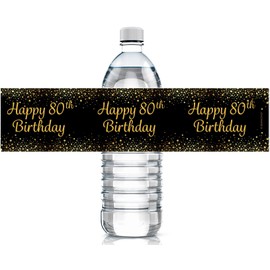Black and Gold 80th Birthday Party Water Bottle Labels - 24 Stickers