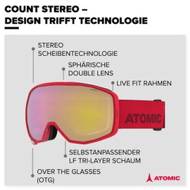 Atomic, All Mountain Ski Goggles, Unisex, For Cloudy Weather, Medium Fit, Compatible with Eyewear, Count Stereo, Red/Pink-Yellow Stereo, AN5106046