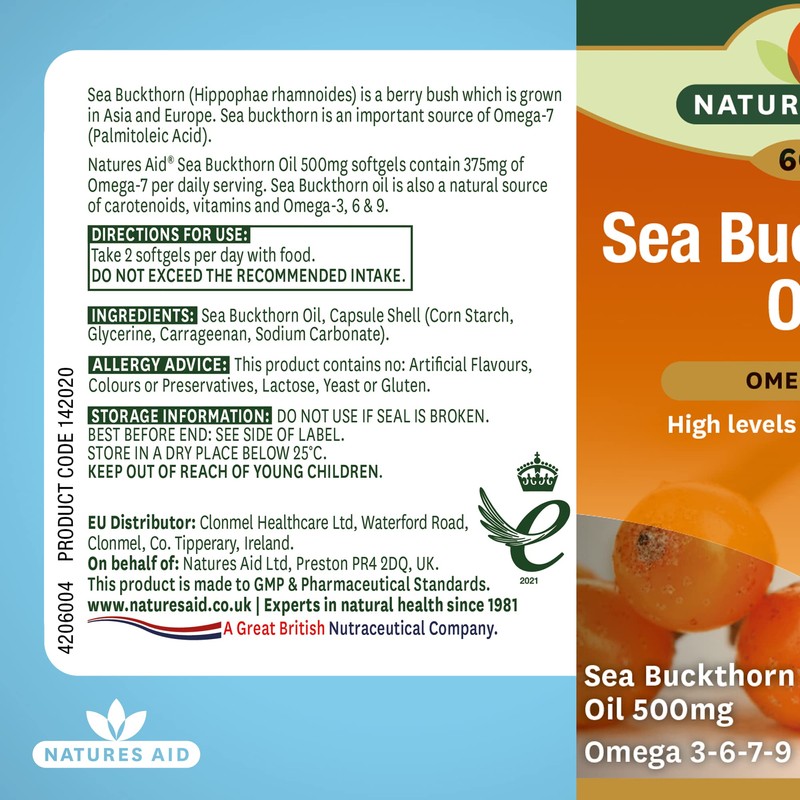 Natures aid 100% Pure Omega-7 Sea Buckthorn Oil 500mg, 60