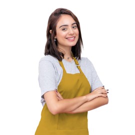 CALICOT 100% Cotton 1-Piece Kitchen Apron with Adjustable Neck and Visible Middle Pocket with Long Ties for Women Men Home (70 cm by 80 cm), Nugget gold