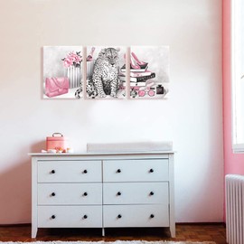 Visual Art Decor Glam Fashion Picture Pink Blush Wall Art Leopard Books High Heel Shoes Perfume Canvas Prints for Modern Home Office Woman Girl Makeup Bedroom Wall Decoration Creative Design Gift