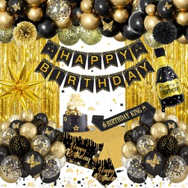 Black and Gold Birthday Party Decorations with Happy Birthday Banner, Bday King Sash, Latex Confetti Balloons, 3D Butterfly, Fringe Curtain, Tablecloth, Pom Poms for Men Boys Party Supplies