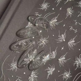 JFIYUOMCI 2 Sheets 5D Embossed Flower Nail Stickers, Aurora White Flower Nail Art Stickers with Pearls Nails Design, Self-Adhesive Nail Decals for Manicure Tips Decoration Supplies