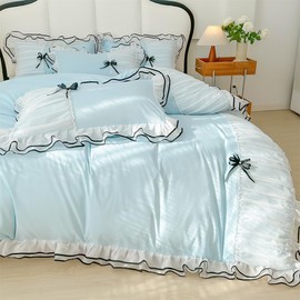 IHOUSTRIY Kid's Duvet Cover Twin Size, Ruffle Beddding Set with Bowtie, 2 Pieces Comforter Cover Set with Zipper Closure, Girl Bedding with Pillowcase - Light Blue, Twin, Comforter Not Included
