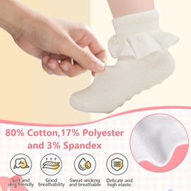 MKYSZLT Toddler Gilrs Ruffle Socks Turn Cuff Frilly Dress Socks with Ruffles Non Slip Grip Cotton Crew School Uniform Sock Church Sock for Little Girl Kids Baby (1-2t, white - 3 pairs)